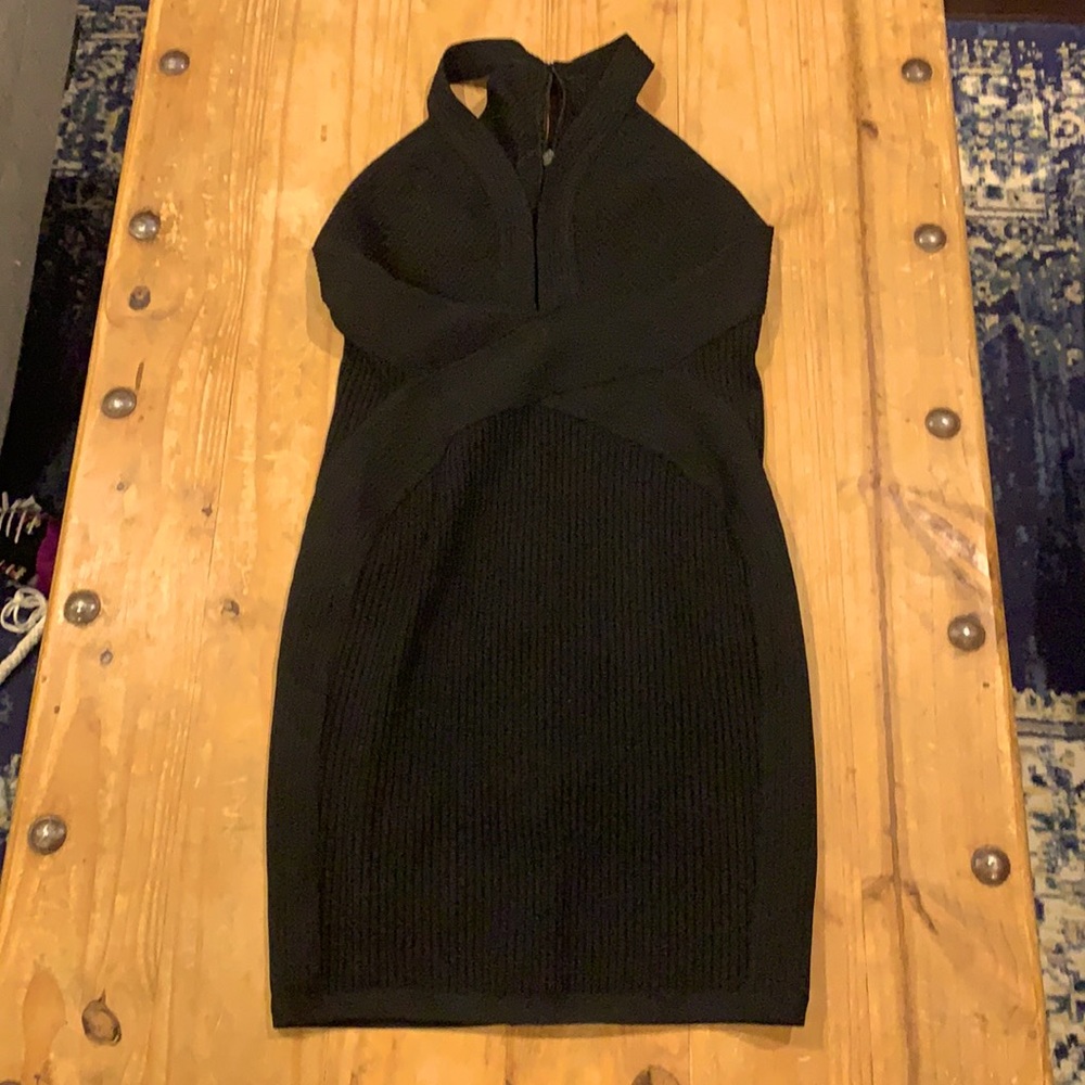 Boohoo Black Plunge Sculpting Bandage Mini Dress, size 14 us